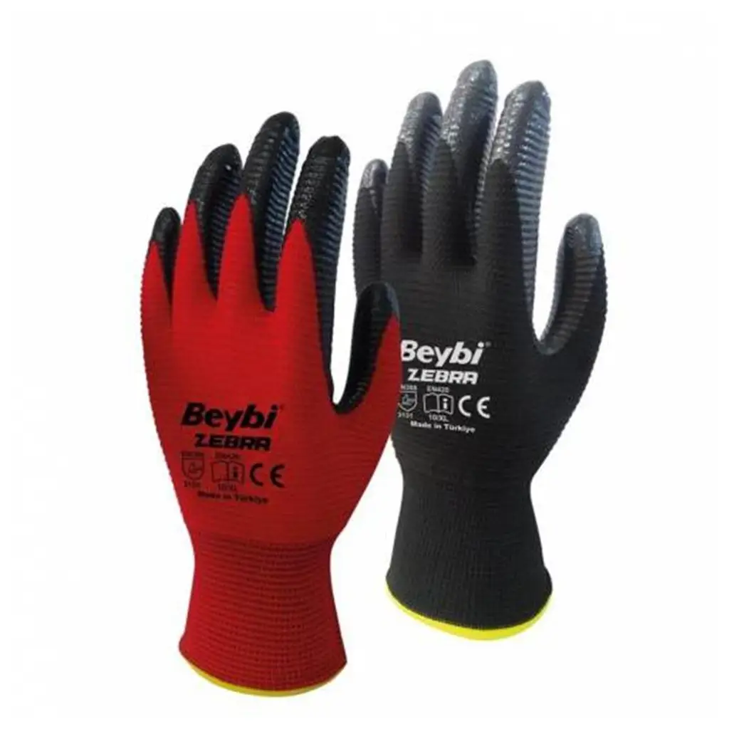 Beybi Nitril Poly PNzebra 9 Beden Kırmızı Siyah Eldiven 12li Paket EN388 (3131X)