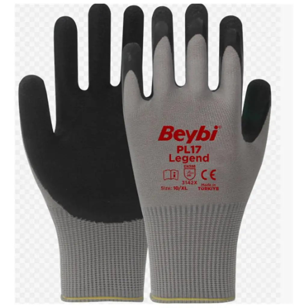 BEYBİ PL-17 10 Beden Gri-Siyah 12li Paket Legend Polyester Örme Lateks Eldiven