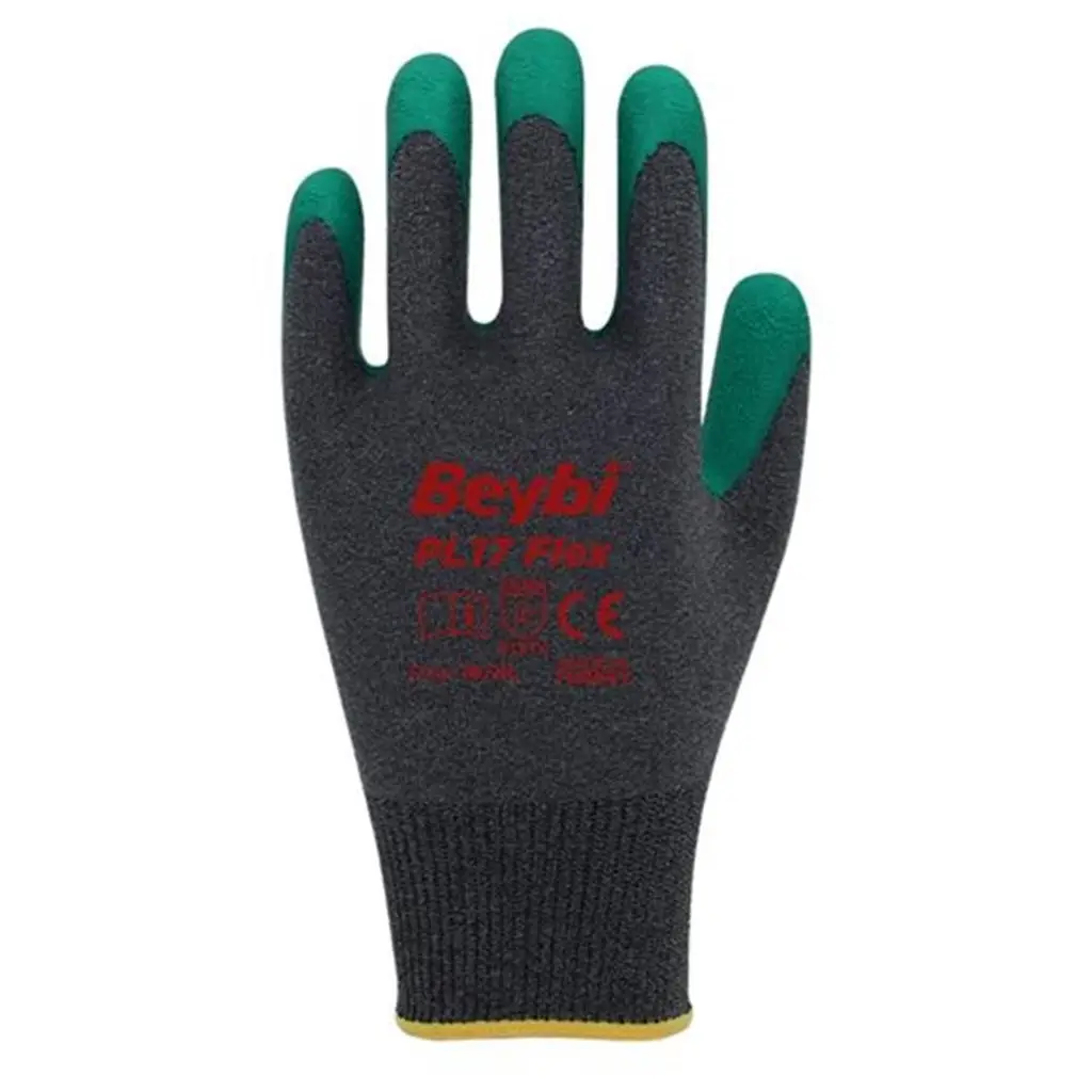 BEYBİ PL-17 Flex 10 Beden Gri-Yeşil Polyesyter Likralı İpten Örülmüş Lateks Kaplı 12li Paket (3131X)