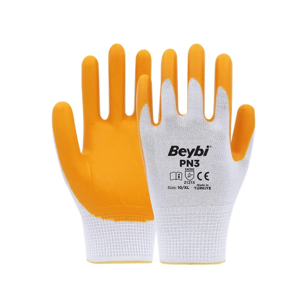 Beybi PN3 Beyaz Sarı 10 Beden Polyester Örme Nitril Eldiven 12li Paket EN388 (2121X)