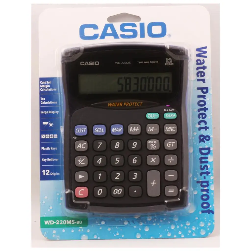 Casio WD-220MS-BU 12 Hane Suya-Toza Dayanıklı Masa Üstü Hesap Makinesi