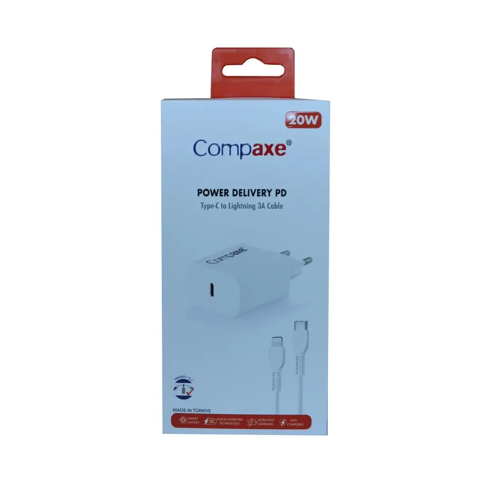 Compaxe CTA-200TI 20W 5V 3A PD Ev Şarj Kafa+Type-C Şarj Kablosu