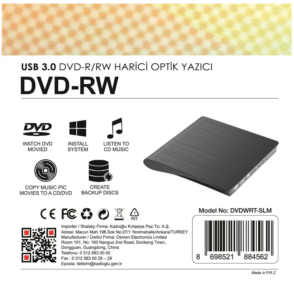 Elba DVDWRT-SLM Harici Dvdrw Slim, Siyah Dvd Yazıcı Writer