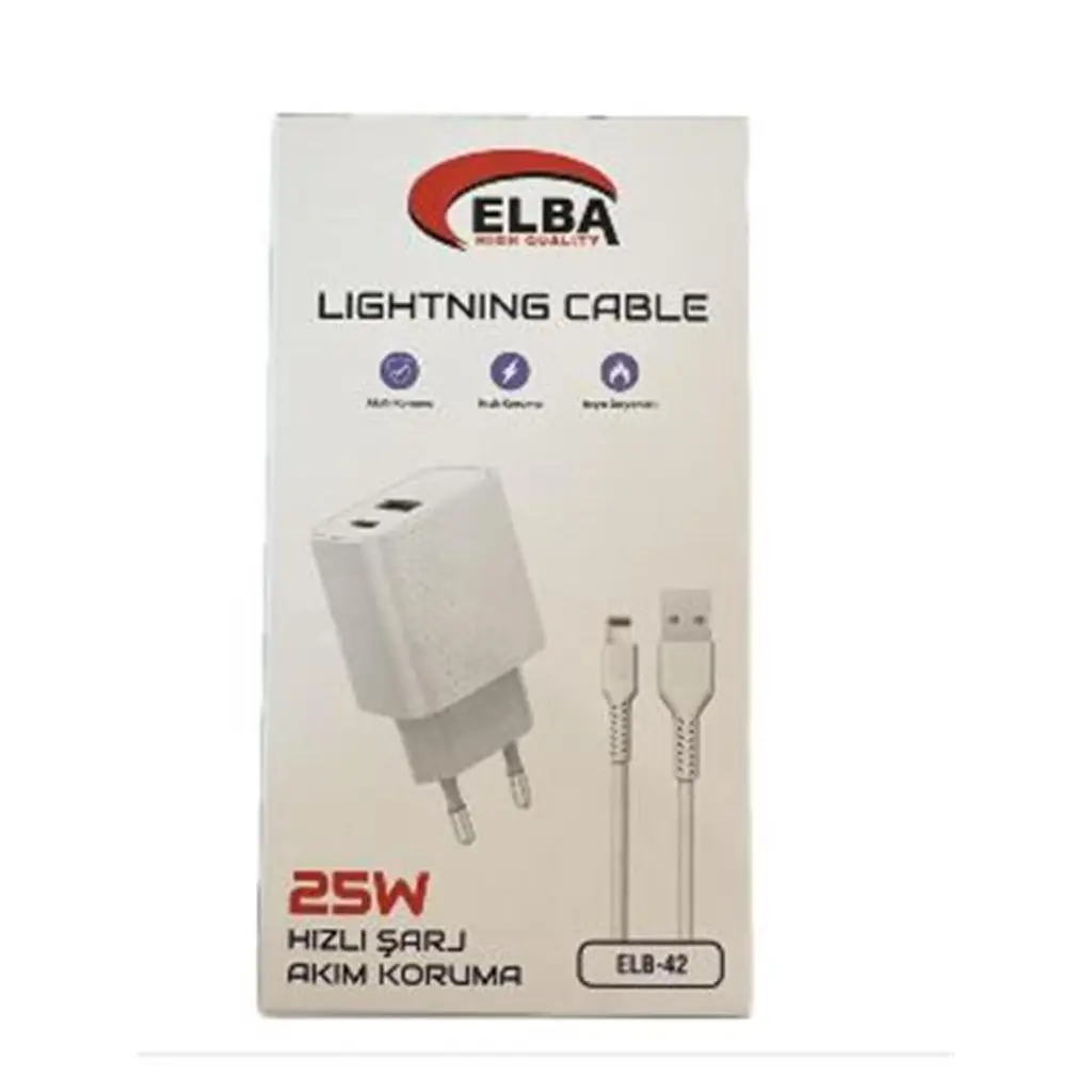 Elba ELB42 Beyaz 25W Şarj Kafa+ İphone Kablo USB-C PD3.0-QC4.0(Akım Koruma-Hızlı Şarj-)