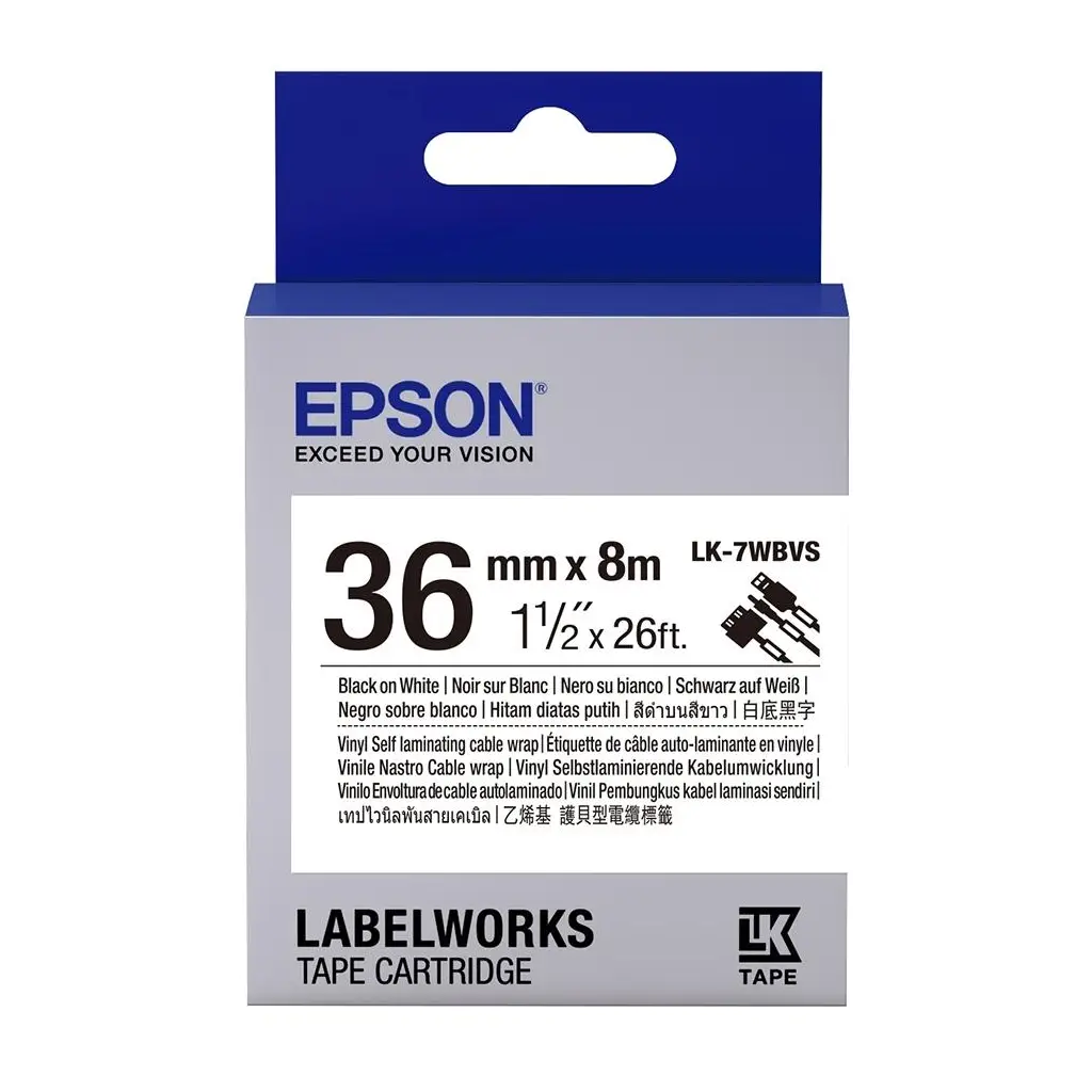 Epson LK-7WBVS Kendinden Laminasyonlu Kablo Giydirme Beyaz Üzeri Siyah 36mm 8Metre Etiket