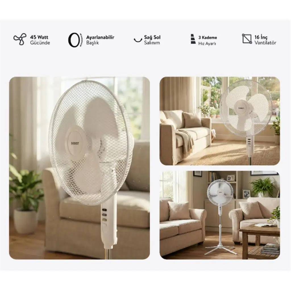 Everest FAN10 Valora Air Beyaz-Gri 16 Maks 45W 3 Kademe 1200RPM Yıldız Ayak 5 Bıçaklı Vantilatör
