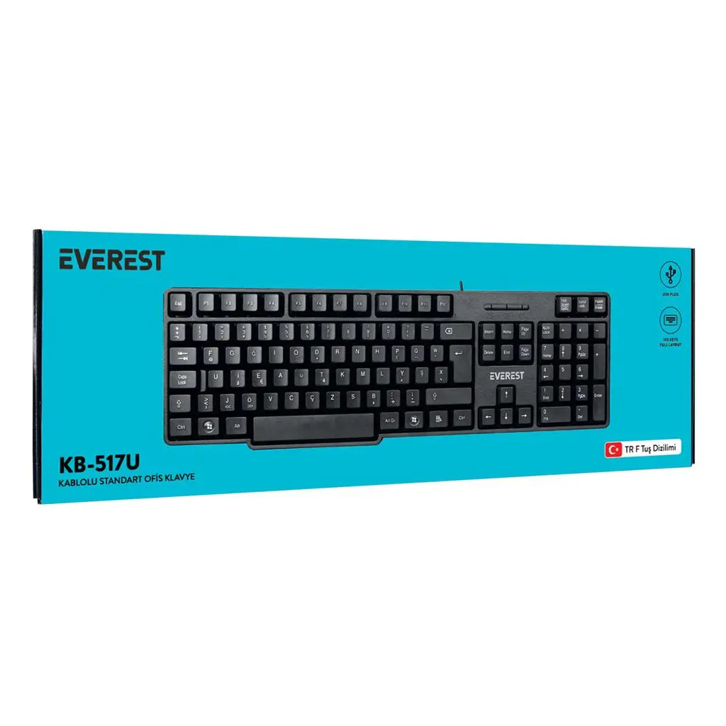 Everest KB-517UF Siyah USB F 2mt Kablo Uzunluğu Standart Klavye