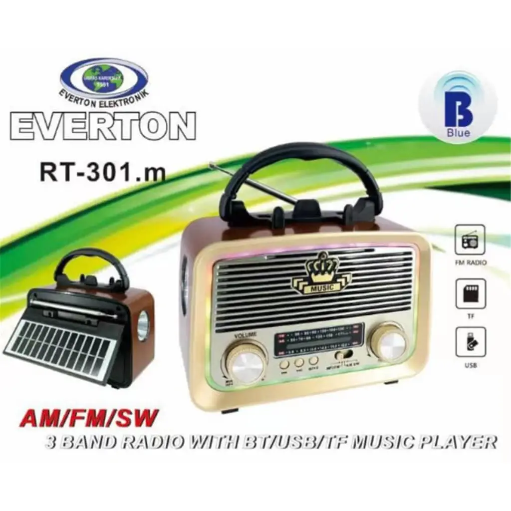 Everton RT-301.m Bluetooth-USB-SD-FM Şarjlı,Solarlı,Ledli, Nostaljik Radyo El Fenerl Radyo
