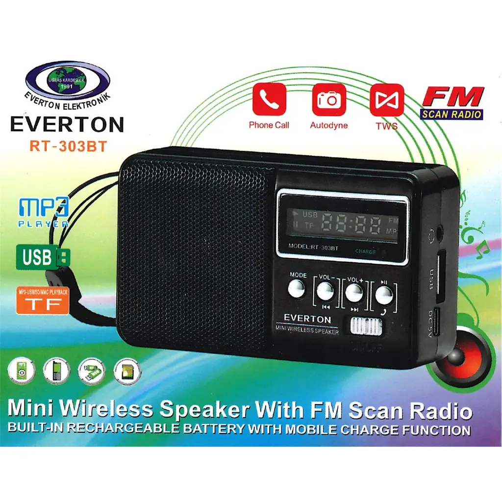 Everton Rt-303Bt Fm-Usb-Tf Şarjlı Dijital Göstergeli Radyo