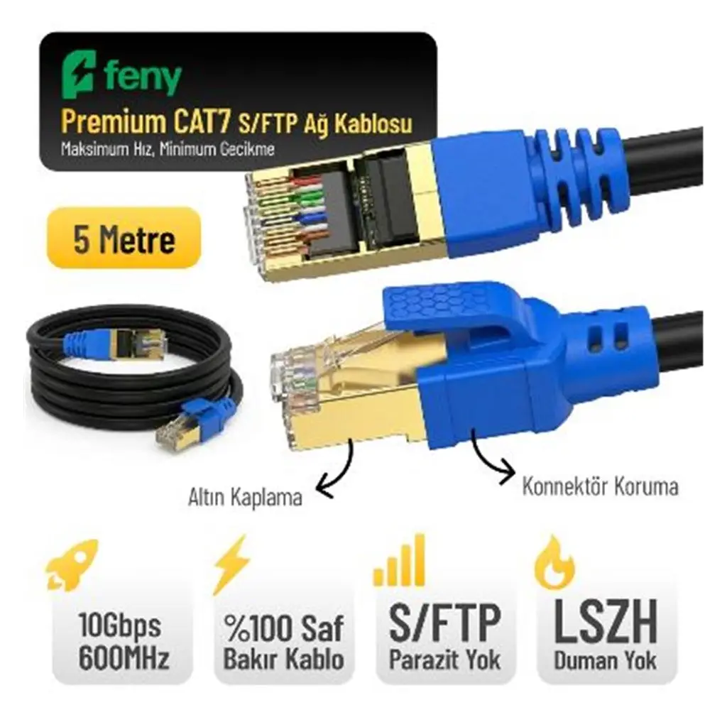 Feny FN-CAT7LS05 10GBPS İnternet 600MHZ 5 Metre CAT7 Gold Patch Kablo (Yanmaz- yüzde 100 Saf Bakır)