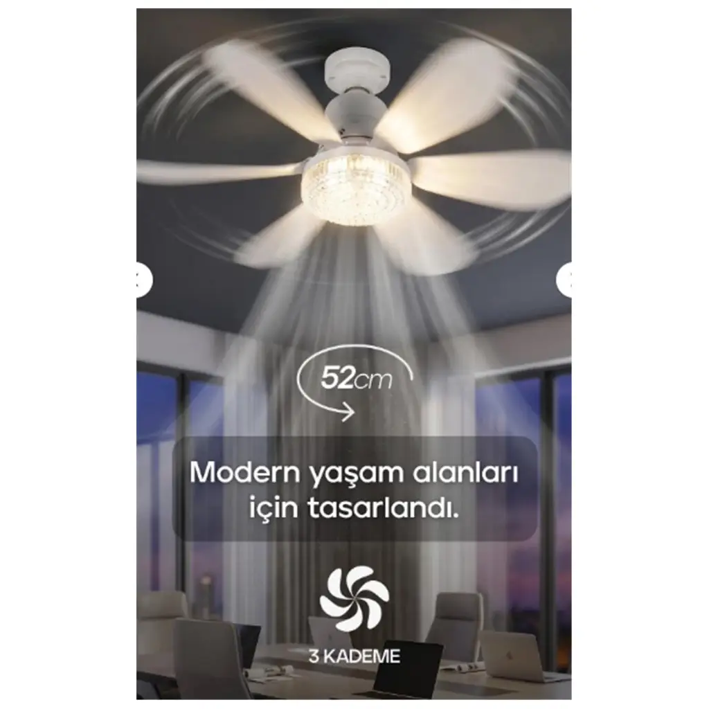 Feny Fn-F82 Zefira 3 Kademe Ultra Sessiz Uyku Mod 3000k-6500K Kristal Led Tavan Vantilatörü Kumanda