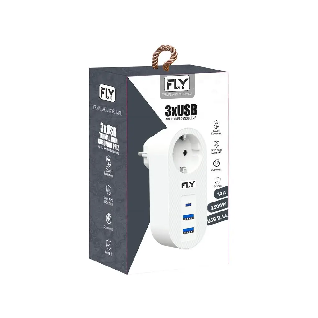 FLY-3400-01 Akım Korumalı.1 li Priz 2-Usba 1-C Soket 2.1A 10A 2500W