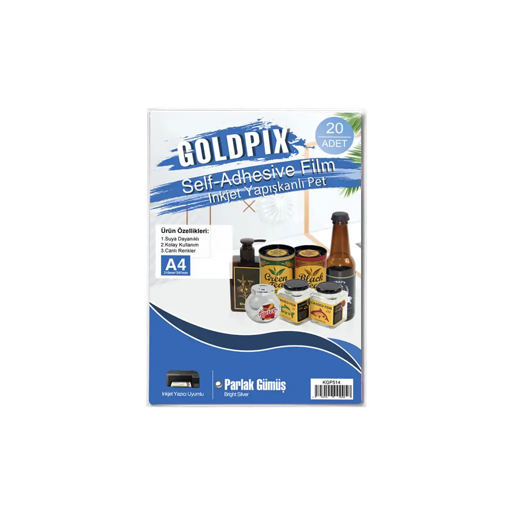 Goldpix İnkjet Yapışkanlı Parlak Gümüş Sticker Film Etiket Kağıdı 20 Adet - 20x30cm