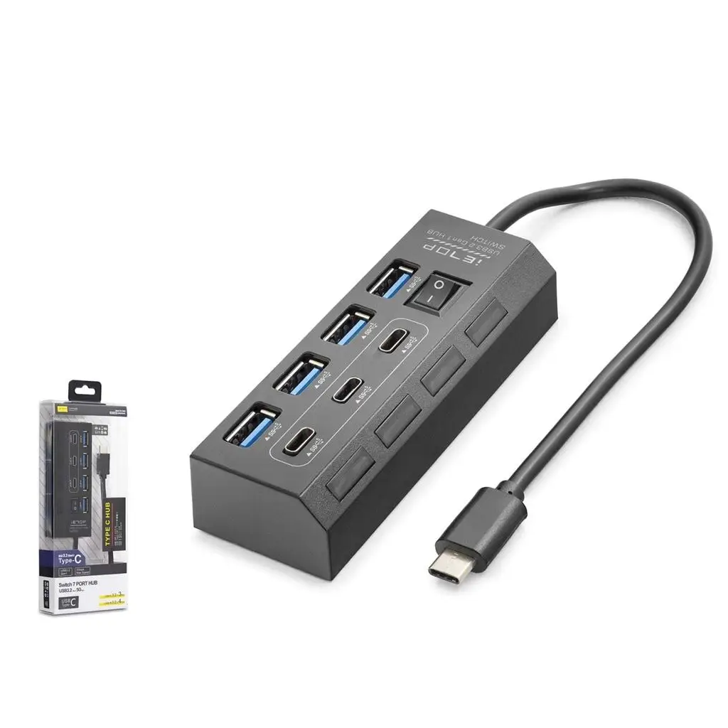 Hadron HDX7057 İetop Type-C Hub 5Gbps 3x Type-C 3.2 + 4x Usb-A 3.2 7 Port Anahtarlı Çoklayıcı Siyah