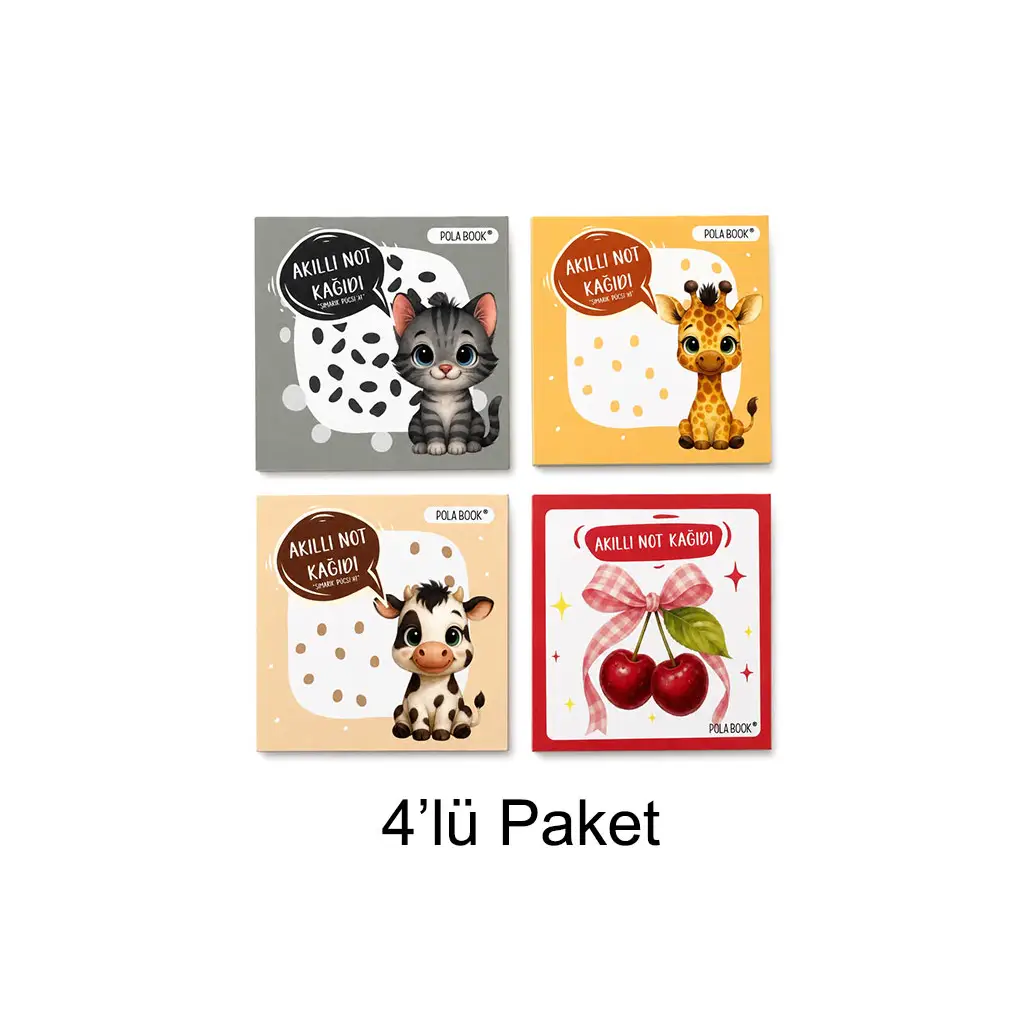 Hayvanlı ve Meyveli Mini Akıllı Not Kağıdı 100 Yaprak Yapışkansız Post-it - 4'lü Paket
