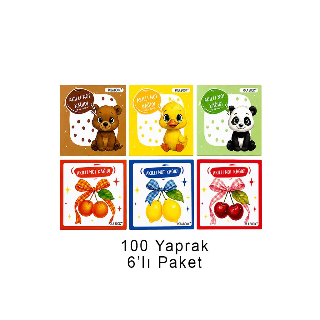 Hayvanlı ve Meyveli Mini Akıllı Not Kağıdı 100 Yaprak Yapışkansız Post-it - 6'lı Paket