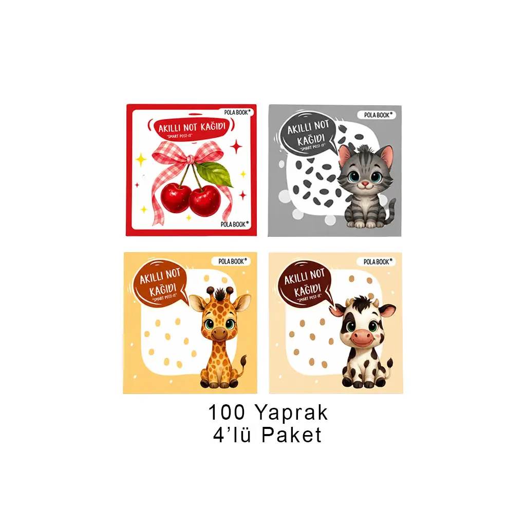 Hayvanlı ve Meyveli Mini Akıllı Not Kağıdı 100 Yaprak Yapışkansız Post-it - 4'lü Paket