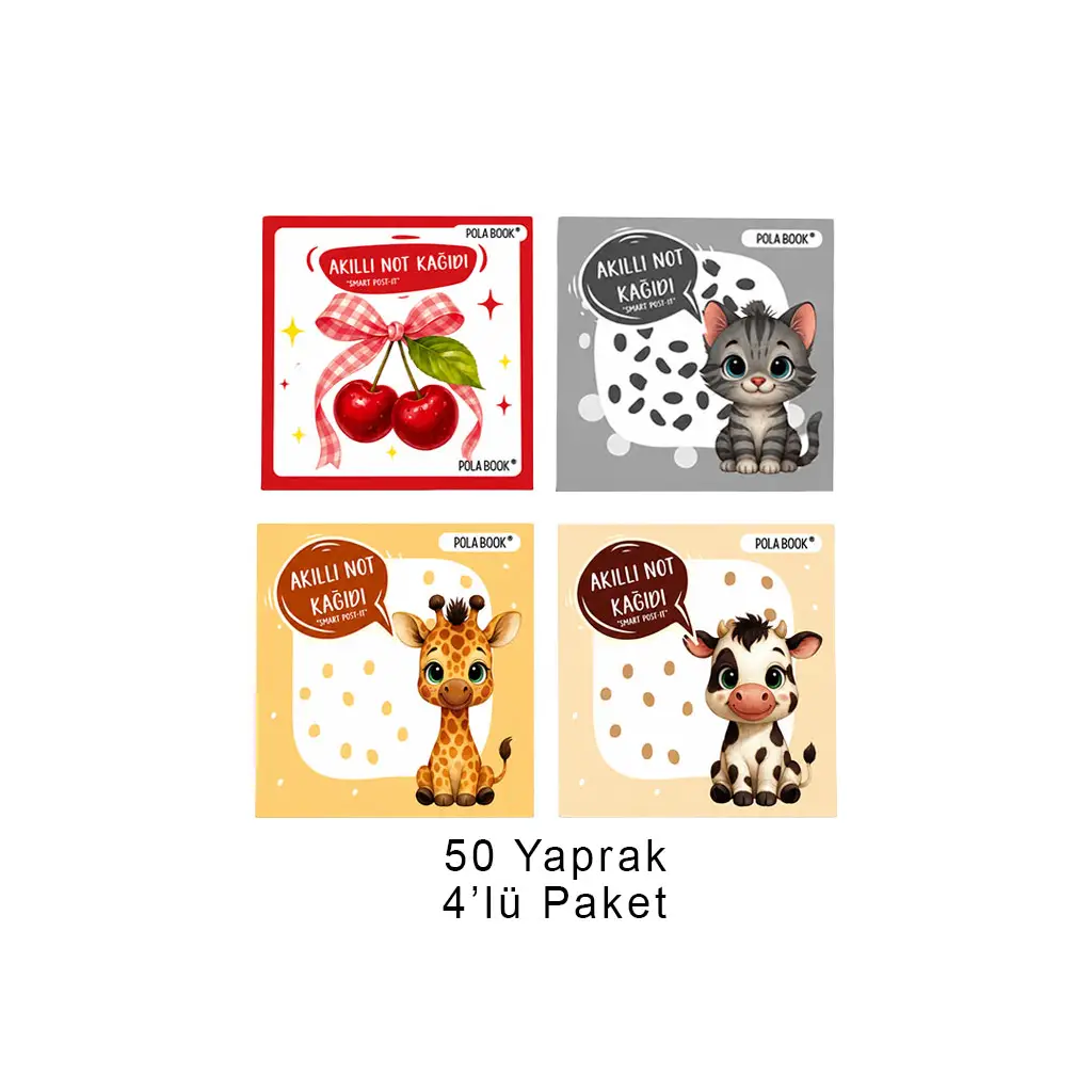 Hayvanlı ve Meyveli Mini Akıllı Not Kağıdı 50 Yaprak Yapışkansız Post-it - 4'lü Paket
