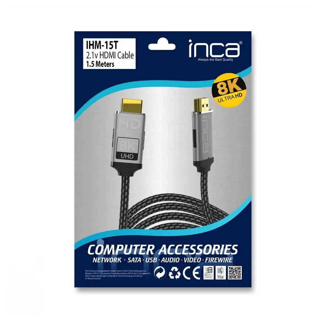 Inca IHM-15T 1.5mt 2.0 Altın Uç Örgülü Kablo Hdmı To Hdmı Kablo 8K 2.1V ( 7680 × 4320 8K)