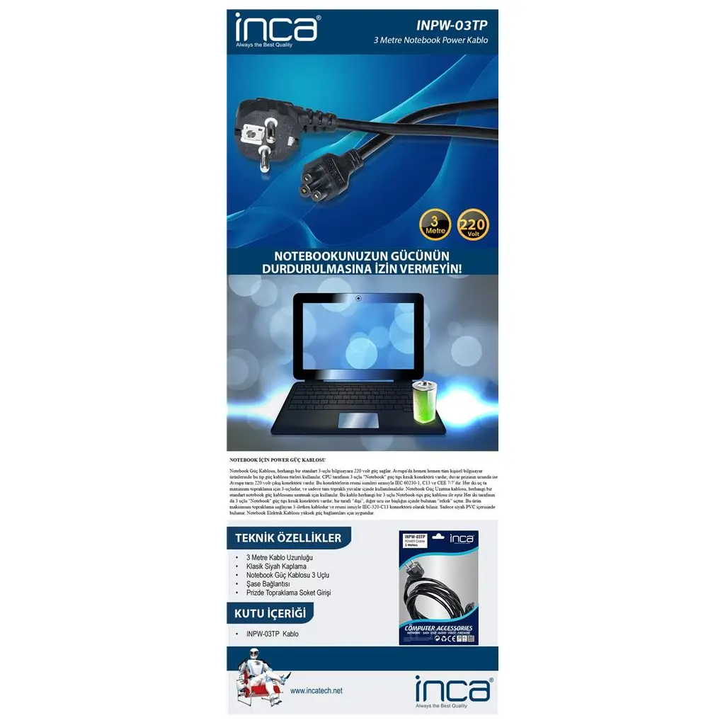 Inca Inpw-03tp 3mt Notebook Power Kablosu