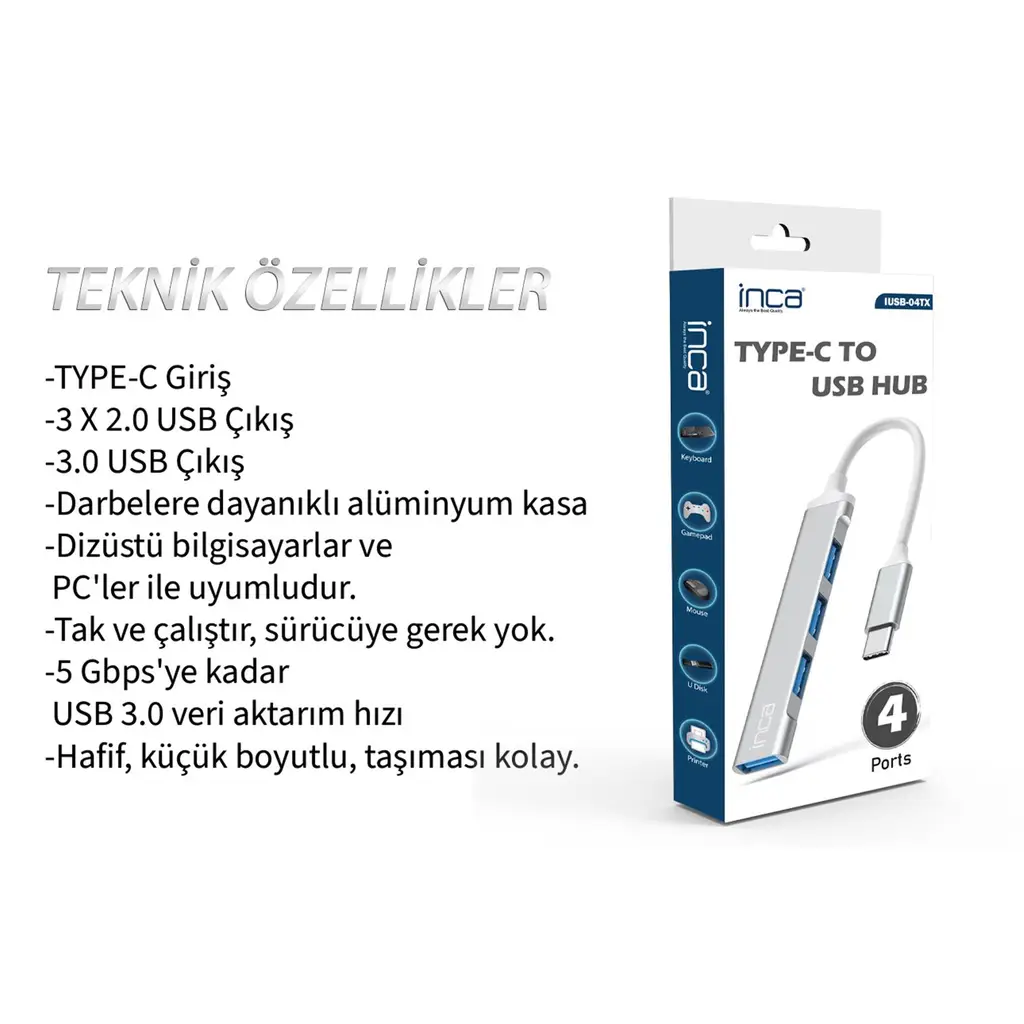 Inca IUSB-04T Type-C Grişli 4Port Usb Hub 3X2.0 USB Çıkış 3.0 USB Çıkış 5 Gbps