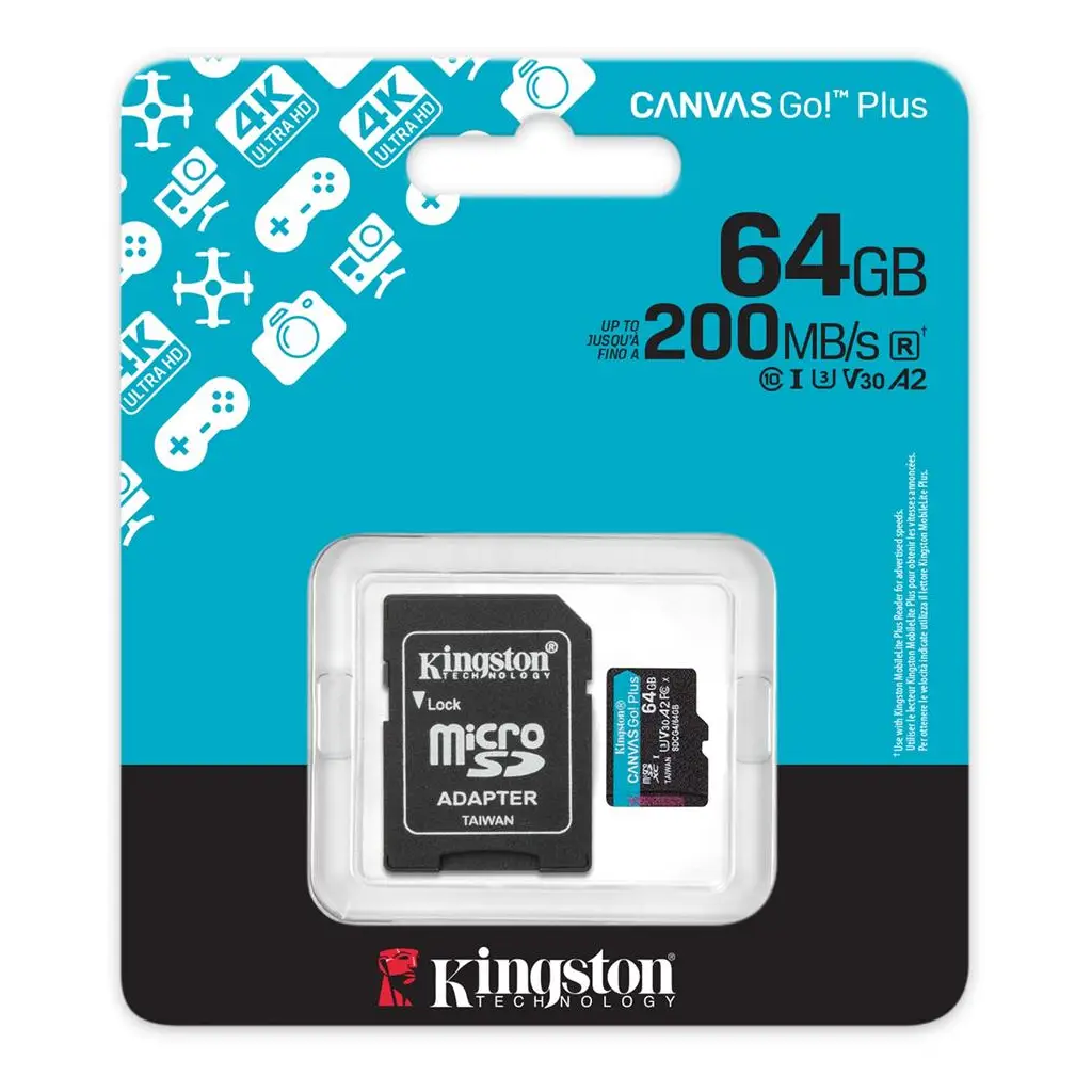 Kingston SDCG4-64GB 64GB microSDXC Canvas Go Plus Gen4 200MB-s A2 U3 V30 Card + ADP Hafıza Kartı