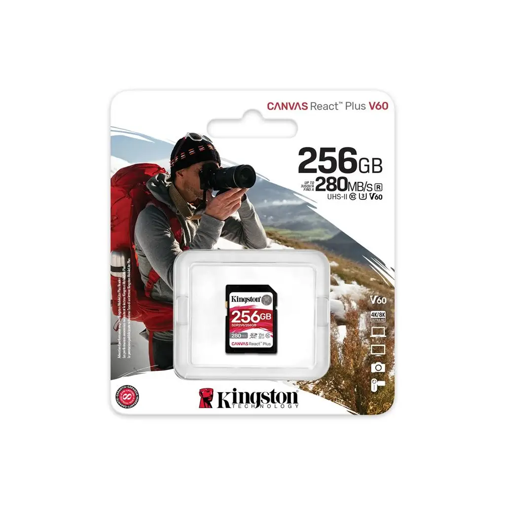 Kingston SDR2V6-256GB Canvas React Plus SDXC UHS-II 280R-150W U3 V60 for Full HD-4K SD Hafıza Kartı