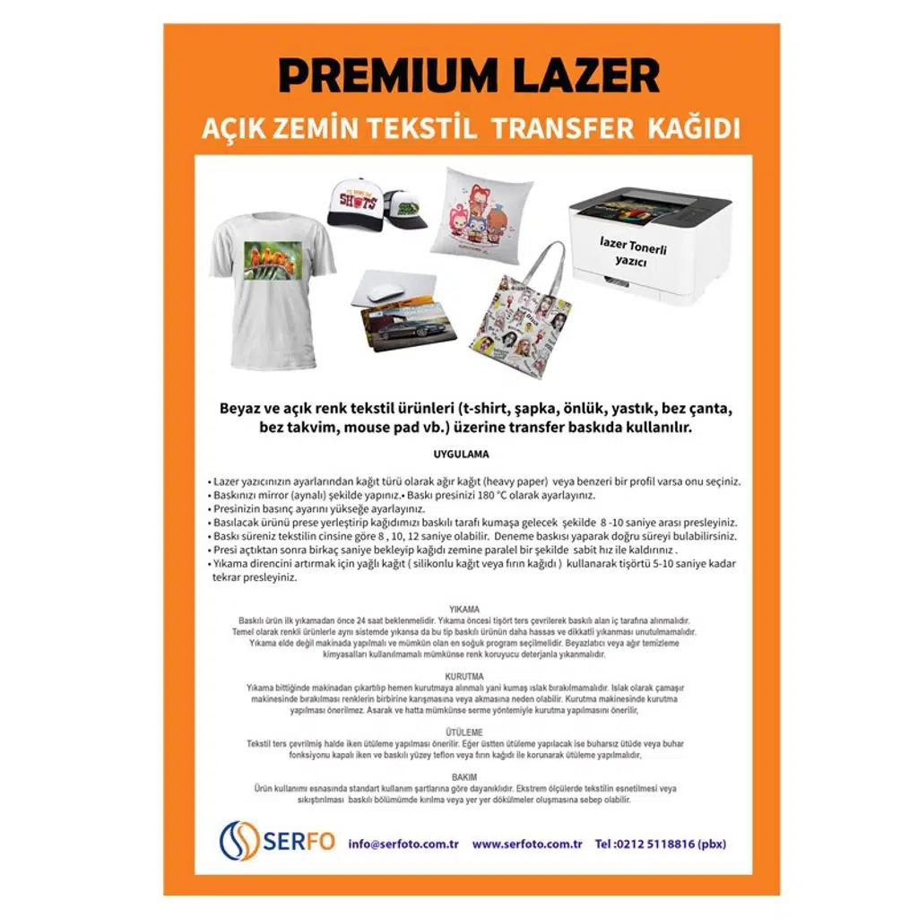 Lazer Premium Açık Zemin  Tekstil Transfer Kağıdı A4  (1 adet )