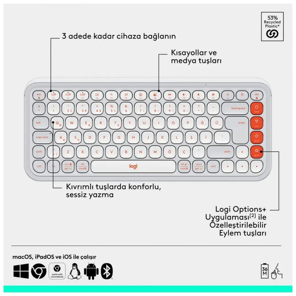 Logitech Pop Icon Combo 920-013076 Beyaz Kablosuz Klavye Mouse Seti