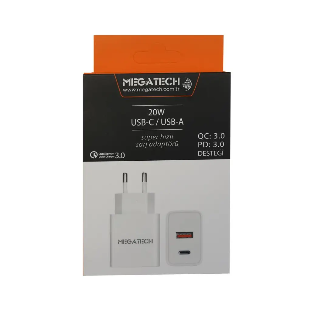 Megatech 20w Beyaz USB-C USB-A Şarj Kafa QC:3.0-PD:3.0