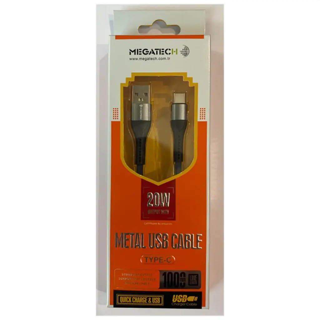 Megatech 3.1A 20w 1mt Örgülü Hasır A Serisi Usb To Typ-c Data Kablosu Gri-Siyah