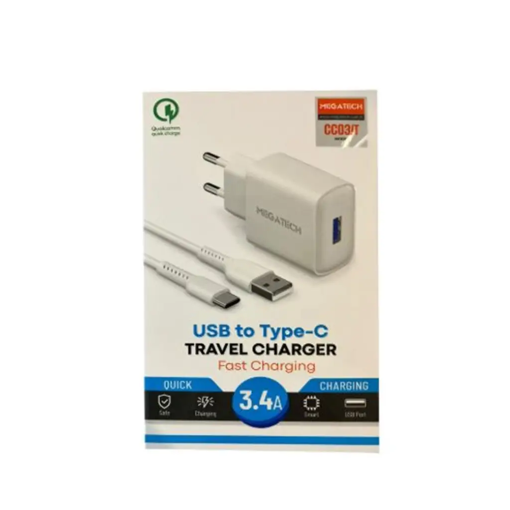 Megatech CC-03 (MT-Ct34 )3.4A Type-C Usb Kablo+ Ev Şarj Adaptör Hızlı Şarj