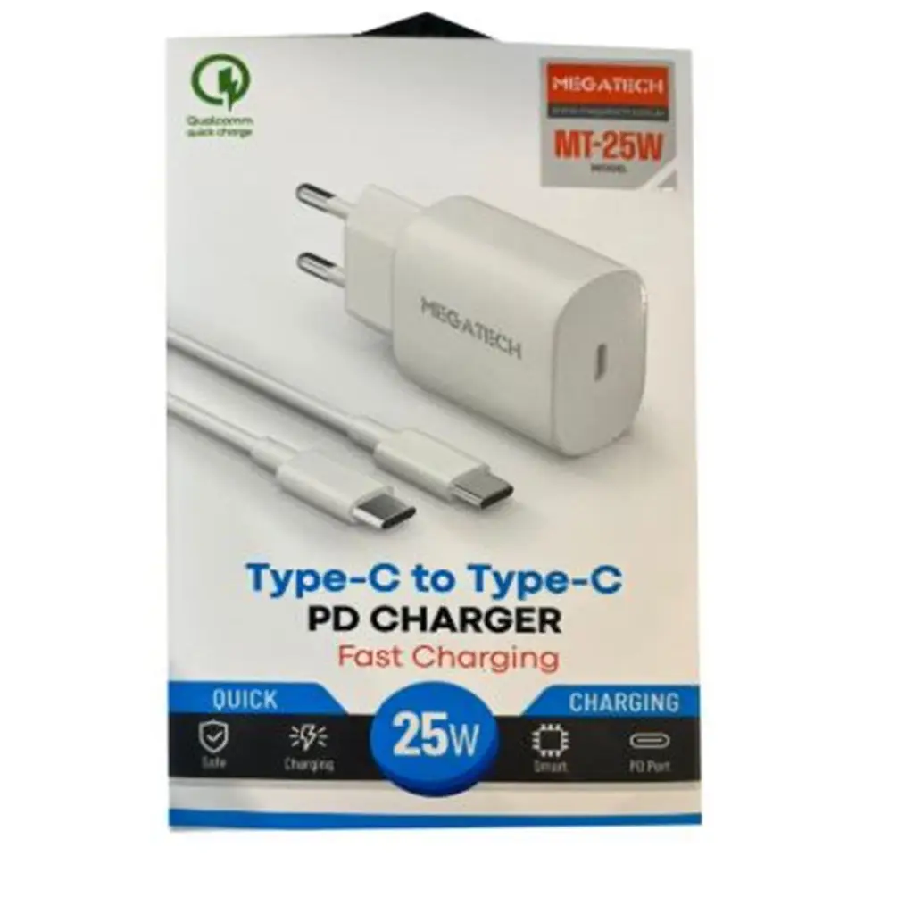 Megatech Mt-25w QC:3.0 PD:3.0 Ev Şarj Kafa+ Type-C To Type-C Şarj Kafası Hızlı Şarj