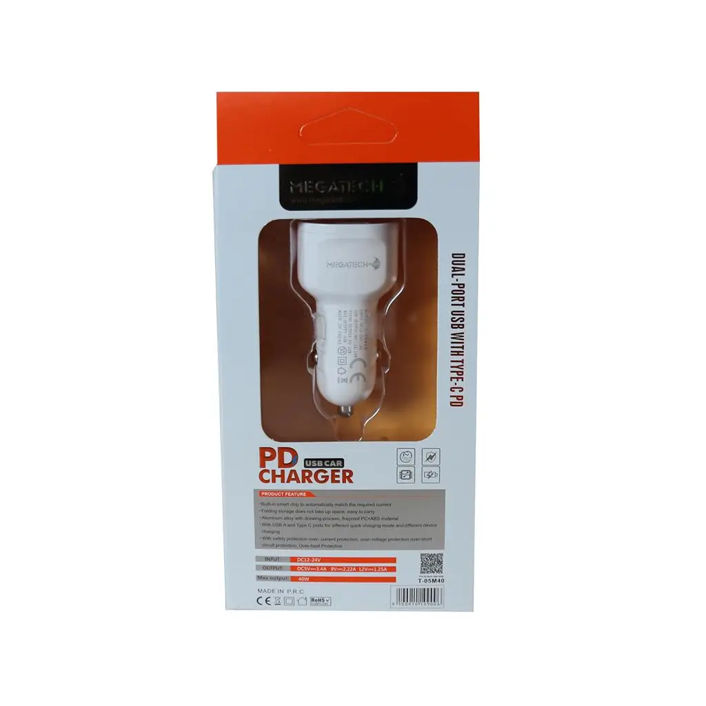 Megatech T-05M40 Beyaz 40W PD-USB Araç Çakmaklık Şarj Başlığı Hızlı Şarj