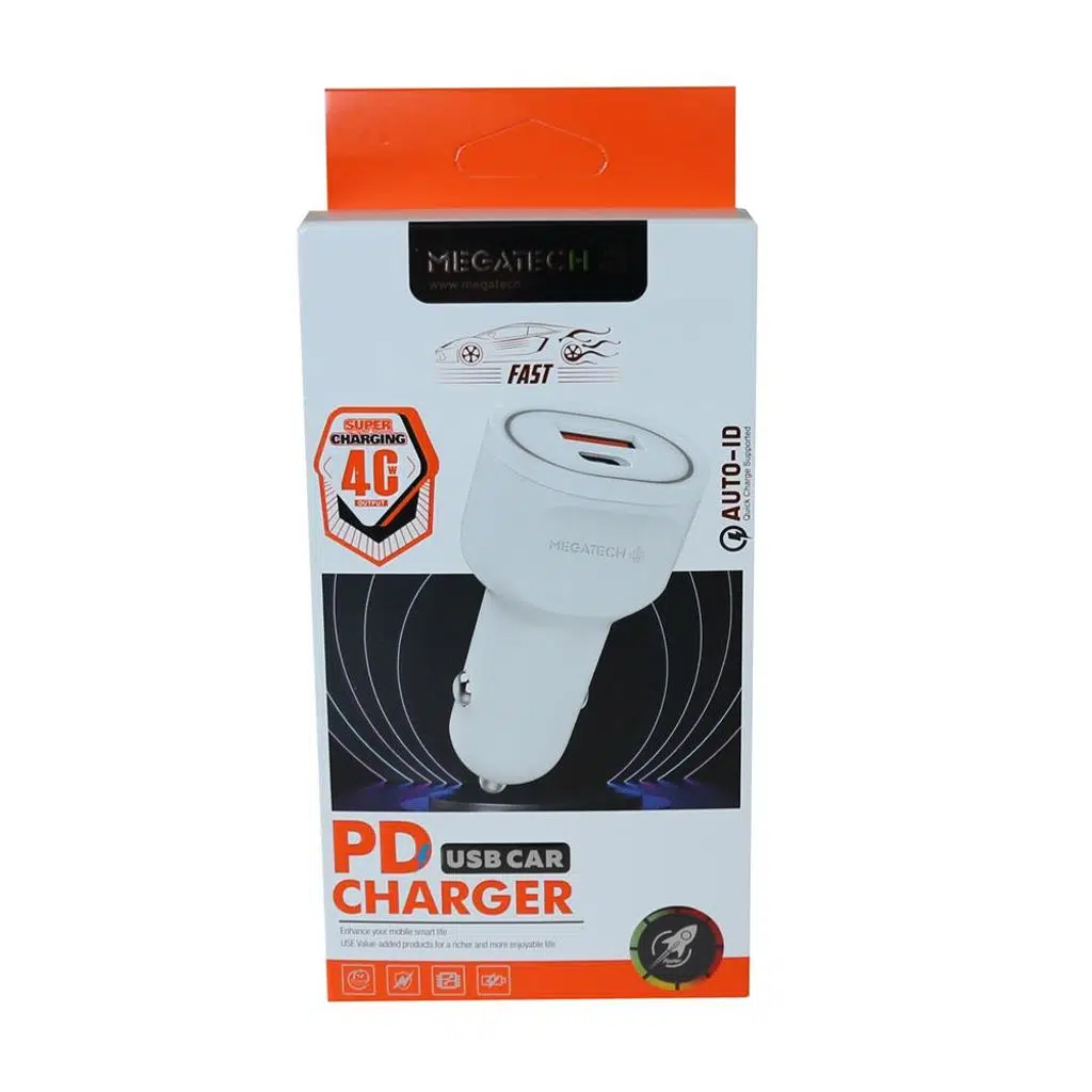 Megatech T-05M40 Beyaz 40W PD-USB Araç Çakmaklık Şarj Başlığı Hızlı Şarj