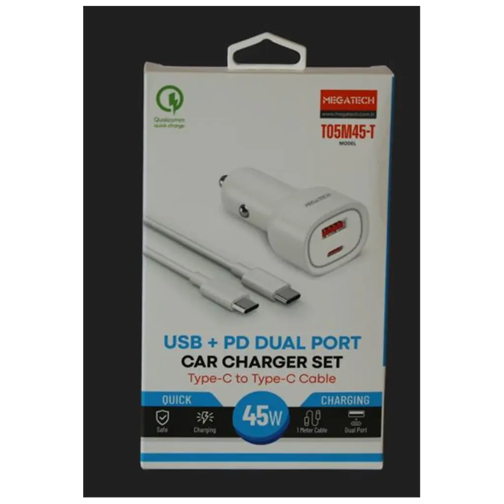Megatech T05M45-T Beyaz 45W PD-USB Araç Çakmaklık Şarj Başlığı Hızlı Şarj(TYPE-C TO TYPE-C KABLO)