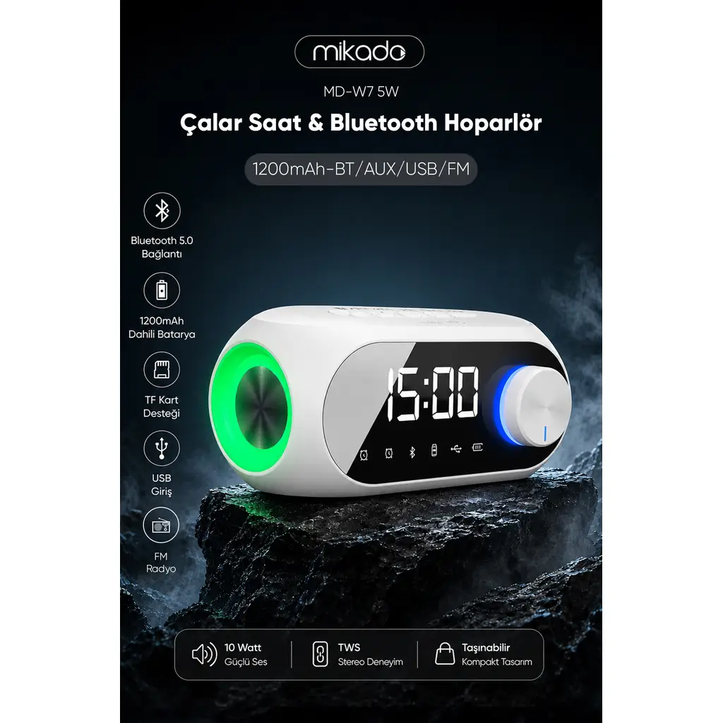 Mikado MD-W7 1200mAh 5W Beyaz Bluetooth-Aux-Derece-Usb-FM (RADYO) Alarmlı Saat Speaker Speaker