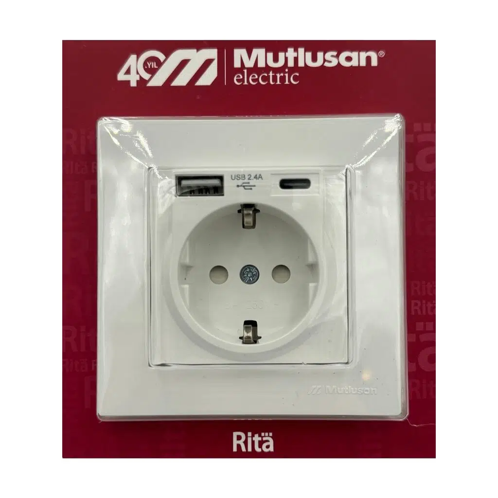 Mutlusan Rita Topraklı Priz Usb+Type-C (2220 629 0201B) Beyaz Blisterli