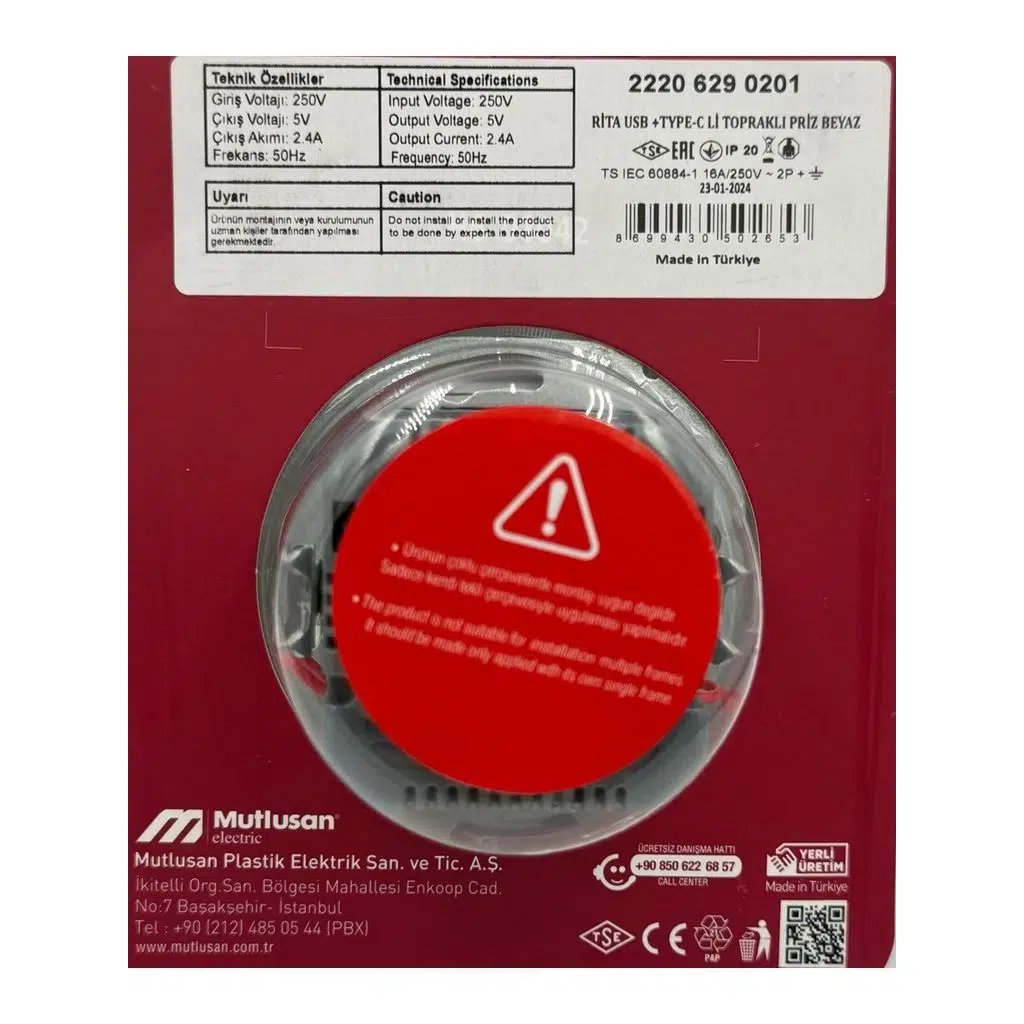 Mutlusan Rita Topraklı Priz Usb+Type-C (2220 629 0201B) Beyaz Blisterli