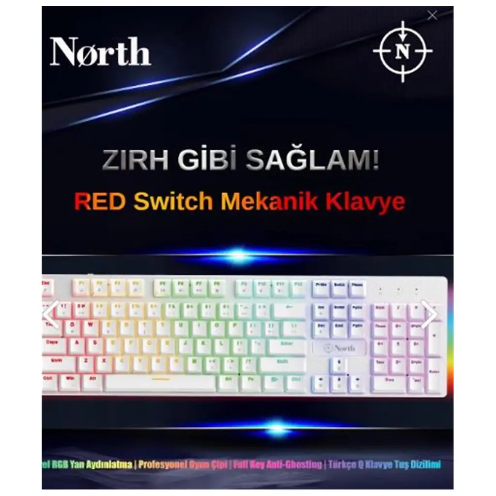 North Shield White Red Switch Türkçe Q RGB Beyaz Mekanik Gaming Klavye