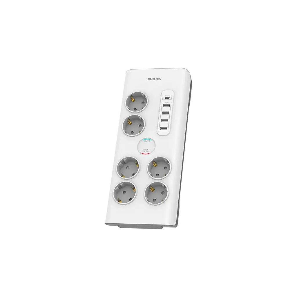 PHILIPS SPN7060WA/62, 6 Soket, Akım Korumalı Priz, 900 Joules, 2Mt Kablo, 1xUsb-C 15W Şarj, 4xUsb-A 20W, (Beyaz)