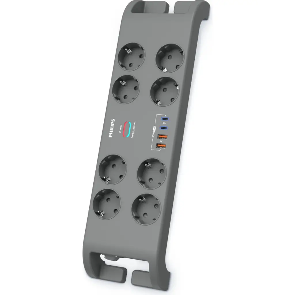 PHILIPS SPN8180GA/62, 8 Soket, Akım Korumalı Priz, 2400 Joules, 2Mt Kablo, 2xUsb-C PD 20W Hızlı Şarj, 2xUsb-A QC 18W, (Gri)