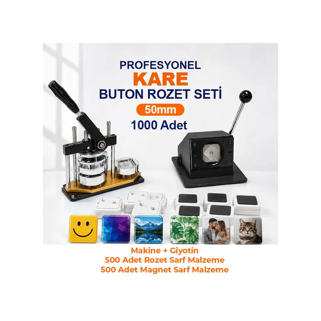 Profesyonel Kare Buton Rozet Baskı Seti 1000 Adet - 50mm