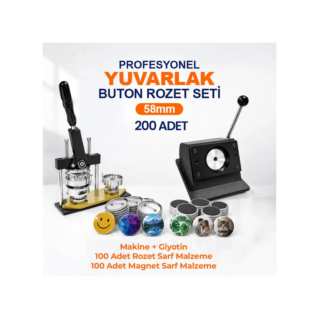 Profesyonel Yuvarlak Buton Rozet Baskı Seti 200 Adet - 58mm