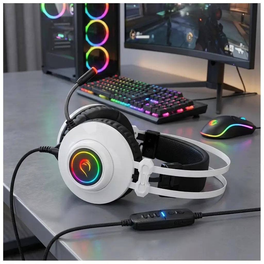 Rampage RM-K1 PULSAR Beyaz Usb 7.1 Surround+Titreşim RGB Gaming Oyuncu Mikrofonlu Kulaklık
