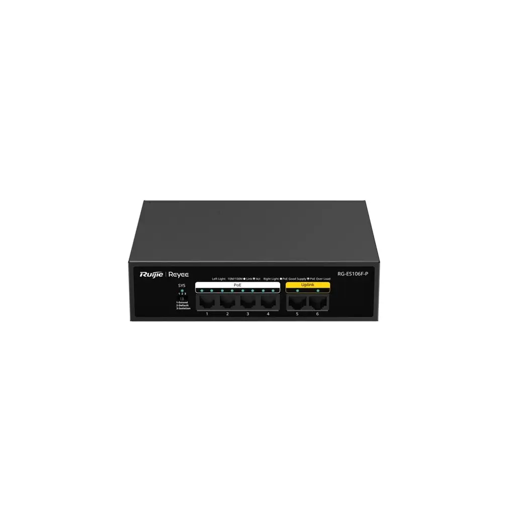 Ruijie-Reyee RG-ES106F-P 4 Port POE+ 10-100-1000 Mbps+2 Port 10-100 Mbps Uplink Switch