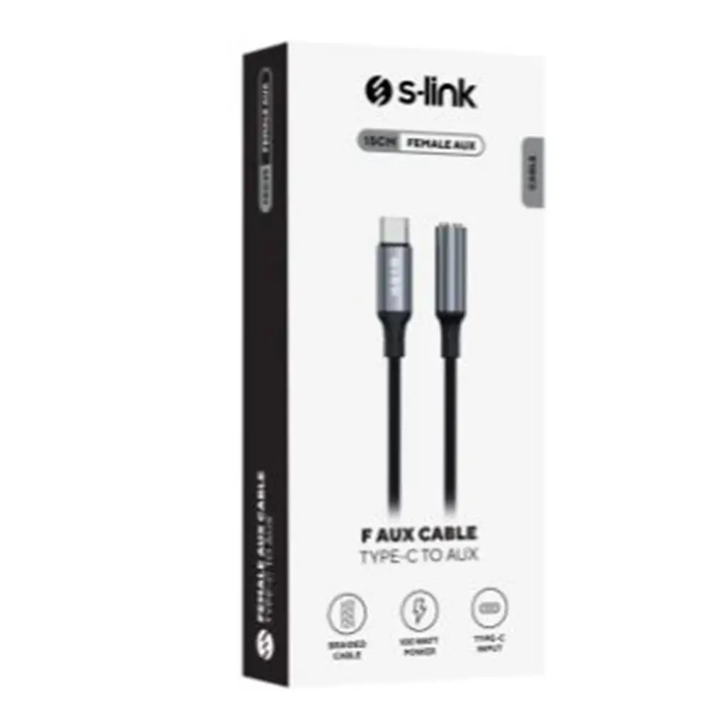 S-link Armor FC-01 15cm Type-C to F AUX Örgülü Metal Başlıklı Siyah Ses Kablosu