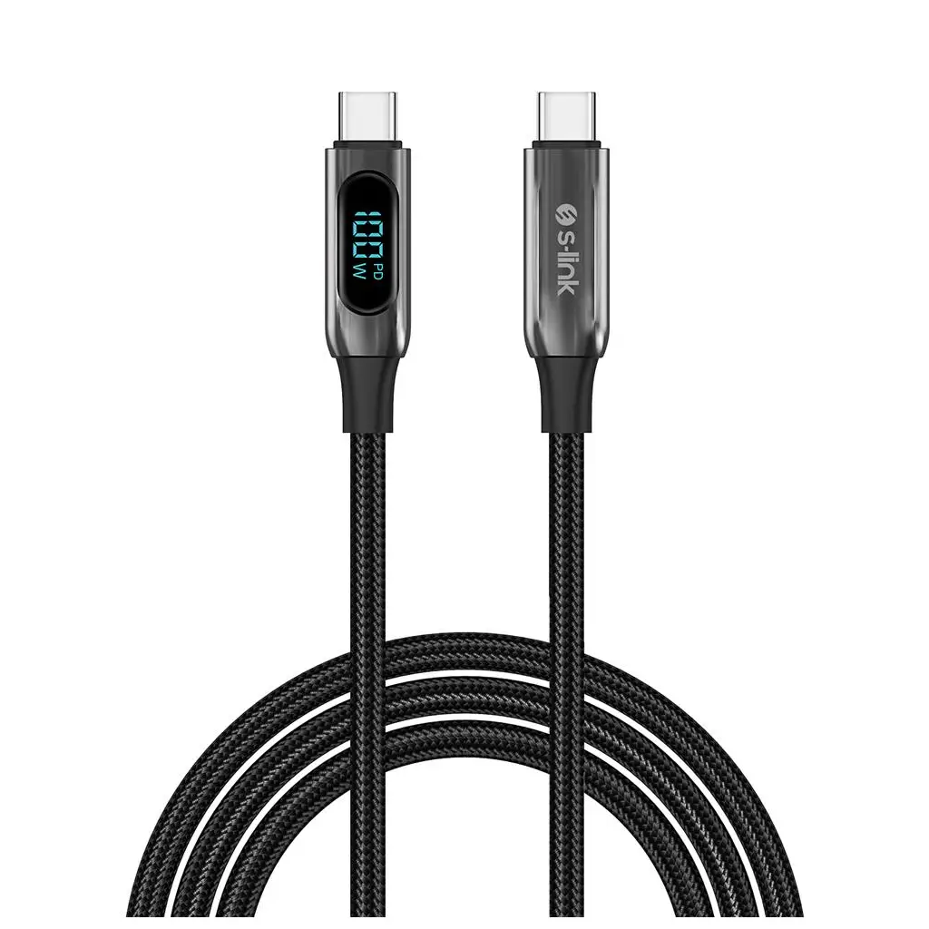 S-link Armor LED LCC-0100 100W 1m Type-C to Type-C PD Örgülü LED Başlıklı Siyah Hızlı Şarj Kablosu