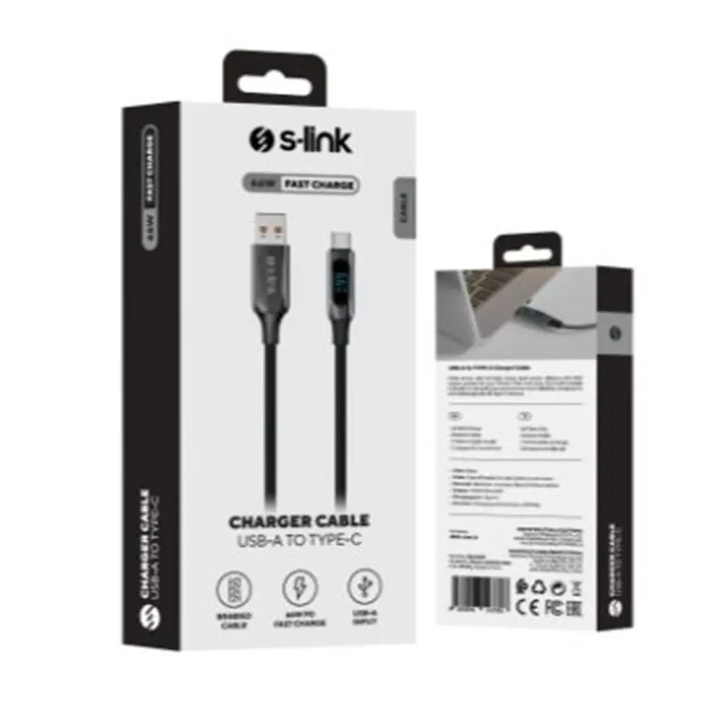 S-link Armor LED UC-066 66W 1m USB to Type-C PD Örgülü LED Başlıklı Siyah Hızlı Şarj Kablosu