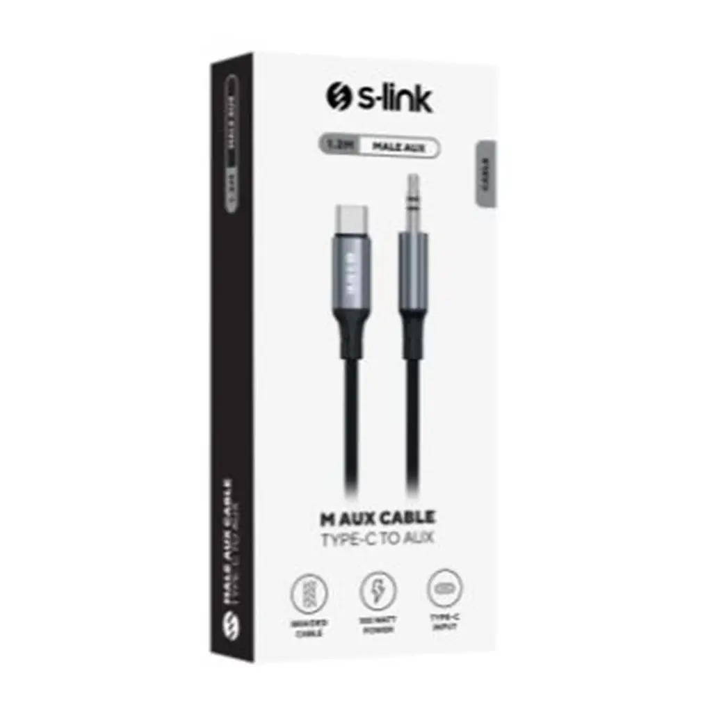 S-link Armor MC-01 1.2m Type-C to M AUX Örgülü Metal Başlıklı Siyah Ses Kablosu